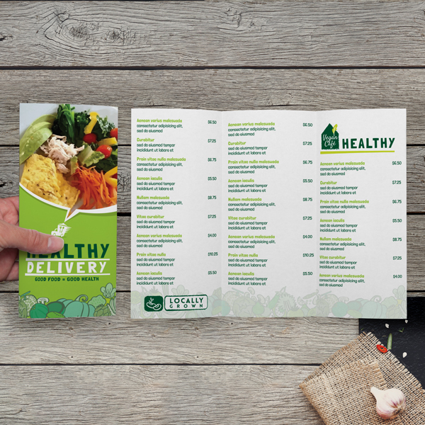 A 8.5″ x 11″ Tri-fold Brochure on 80 lb Gloss Book demo restaurant menu by netfishes print services based in Carthage, MO.