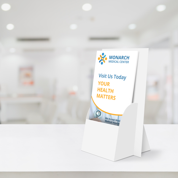 A 4 inch by 9 inch rack card demo from netfishes print services based in Carthage, MO that says "Monarch Medical Center. Visit Us Today. Your Health Matters. We accept Most Medical Insurance."